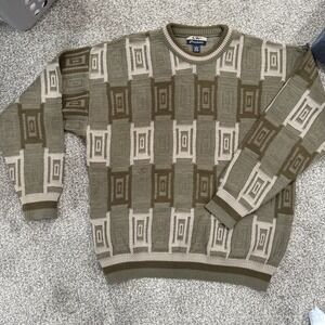 Vintage 90s Geometric Pattern Knit Crewneck Pullover Grandpa Sweater Size Large